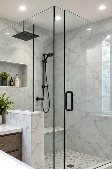 Frameless glass enclosure with matte black hardware